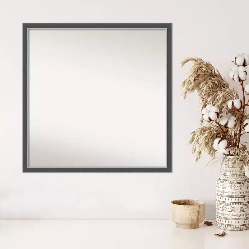 Miroir mural fin noir et argenté non biseauté, cadre carré moderne en polystyrène