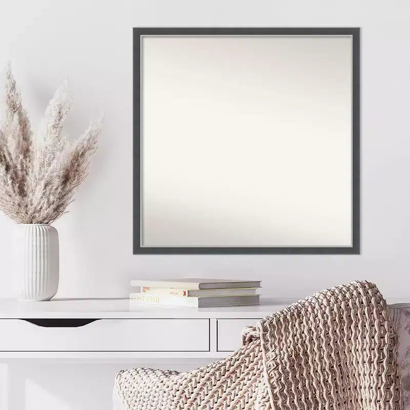 Miroir mural fin noir et argenté non biseauté, cadre carré moderne en polystyrène