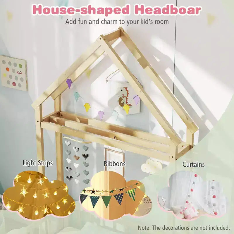 Lit au sol pour enfant de taille double avec tête de lit en forme de maison et portemanteau