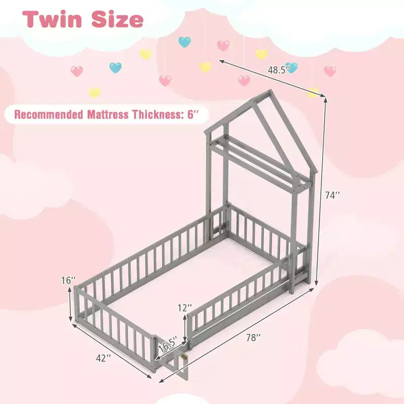Lit au sol pour enfant de taille double avec tête de lit en forme de maison et portemanteau
