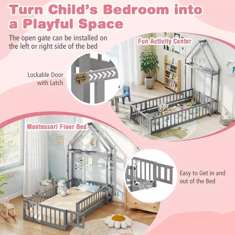 Lit au sol pour enfant de taille double avec tête de lit en forme de maison et portemanteau