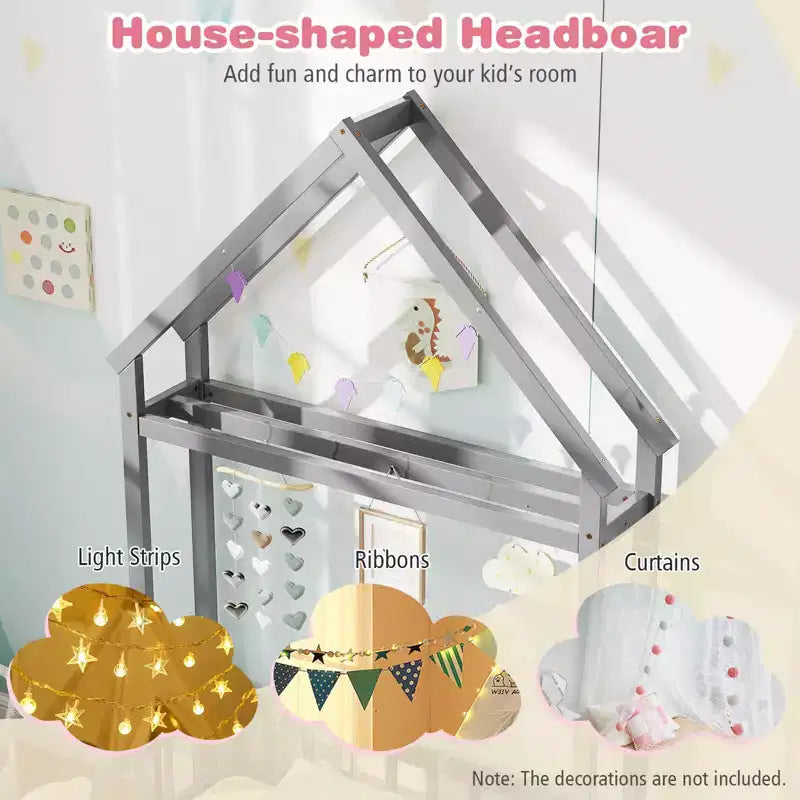 Lit au sol pour enfant de taille double avec tête de lit en forme de maison et portemanteau