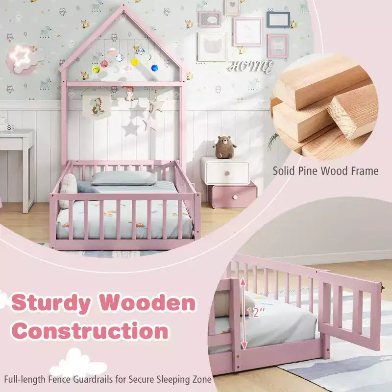 Lit au sol pour enfant de taille double avec tête de lit en forme de maison et portemanteau