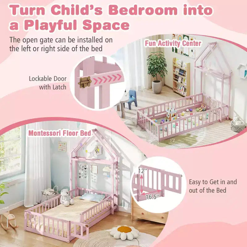 Lit au sol pour enfant de taille double avec tête de lit en forme de maison et portemanteau