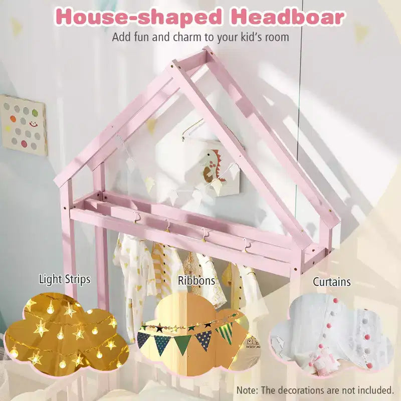 Lit au sol pour enfant de taille double avec tête de lit en forme de maison et portemanteau