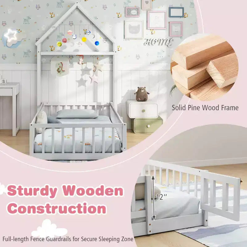 Lit au sol pour enfant de taille double avec tête de lit en forme de maison et portemanteau