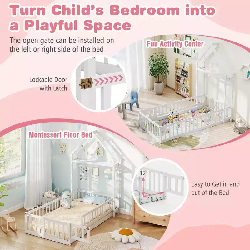 Lit au sol pour enfant de taille double avec tête de lit en forme de maison et portemanteau