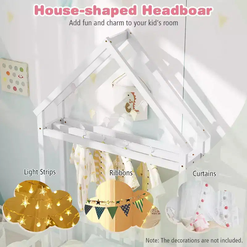 Lit au sol pour enfant de taille double avec tête de lit en forme de maison et portemanteau