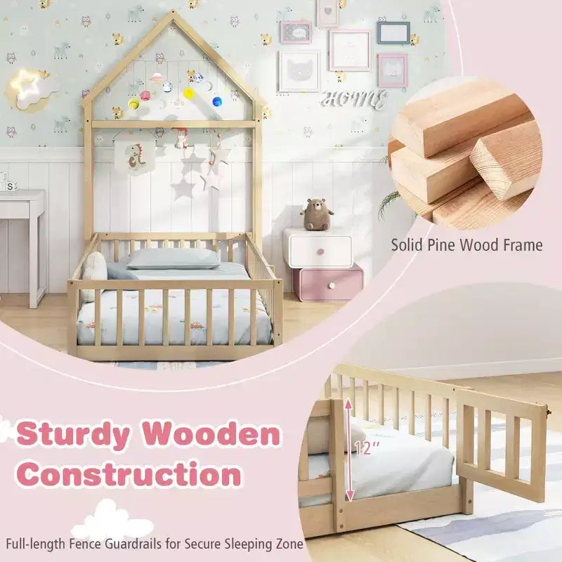 Lit au sol pour enfant de taille double avec tête de lit en forme de maison et portemanteau