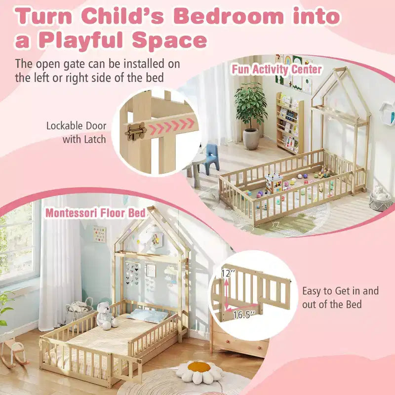 Lit au sol pour enfant de taille double avec tête de lit en forme de maison et portemanteau
