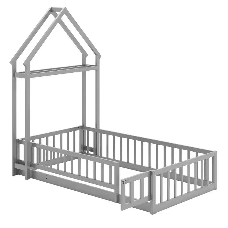 Lit au sol pour enfant de taille double avec tête de lit en forme de maison et portemanteau