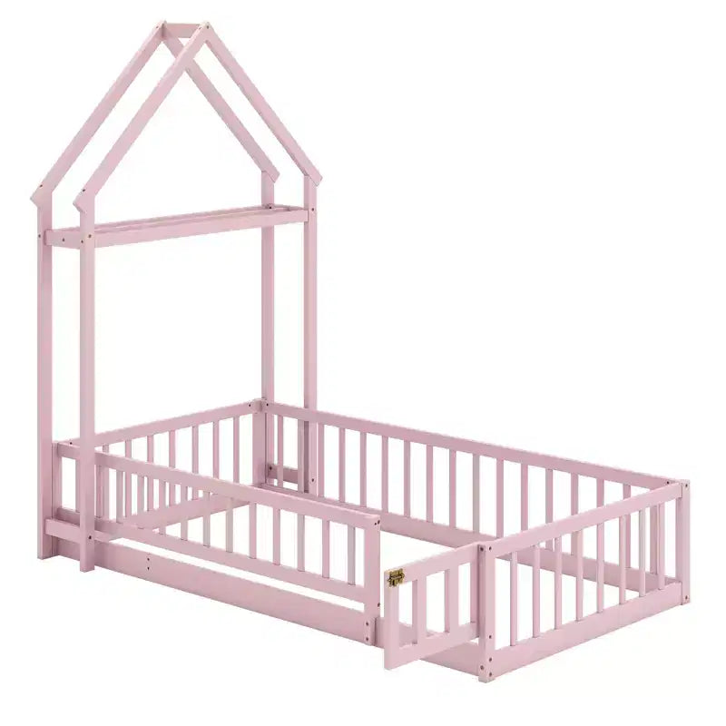 Lit au sol pour enfant de taille double avec tête de lit en forme de maison et portemanteau