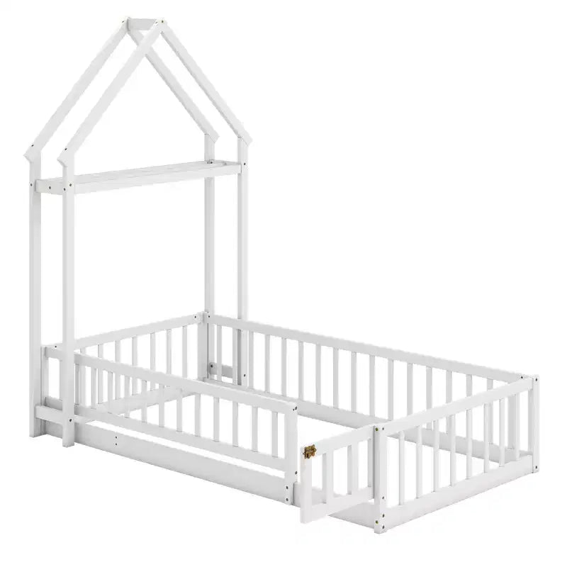 Lit au sol pour enfant de taille double avec tête de lit en forme de maison et portemanteau