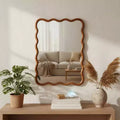 MAYEERTY 30 x 40 Wavy Rectangle Solid Wood Frame Decroative Mirror for Bedroom Bathroom Living Room Yellowish Brown