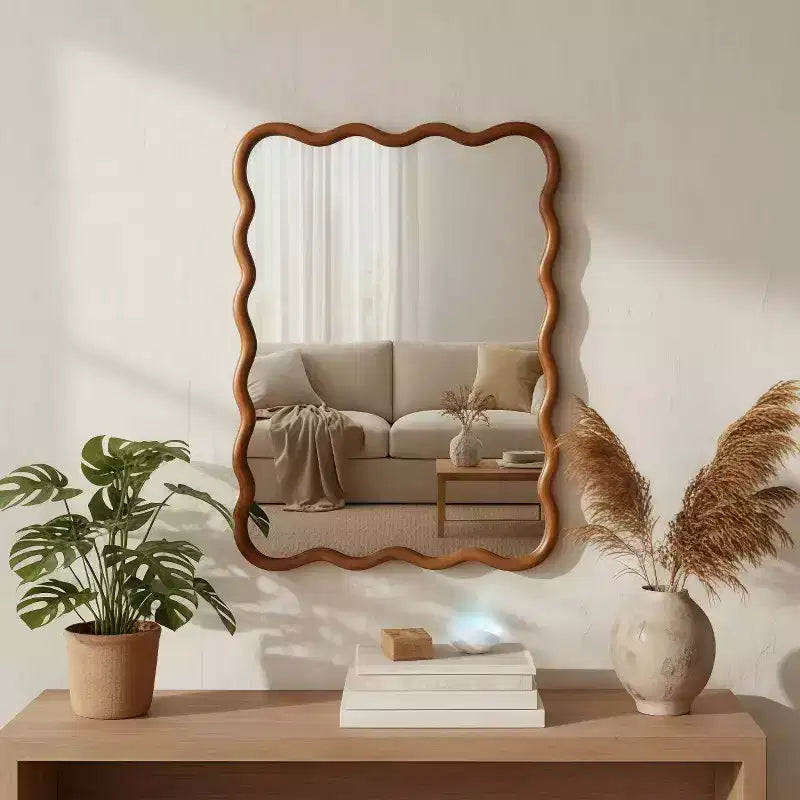MAYEERTY 30 x 40 Wavy Rectangle Solid Wood Frame Decroative Mirror for Bedroom Bathroom Living Room Yellowish Brown
