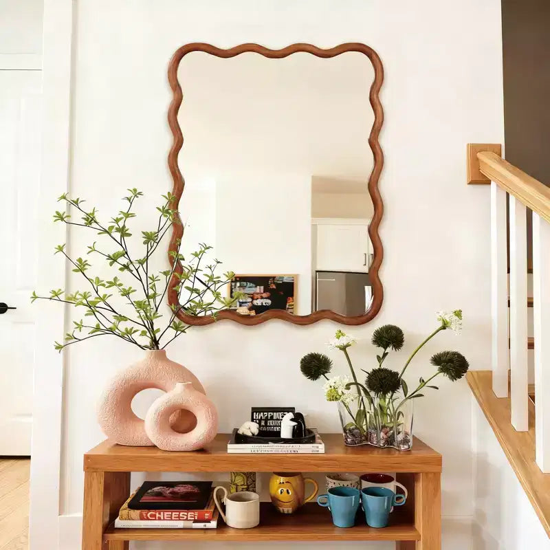 Miroir décoratif à cadre en bois massif rectangulaire ondulé pour chambre à coucher