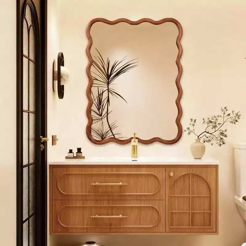 Miroir décoratif à cadre en bois massif rectangulaire ondulé pour chambre à coucher