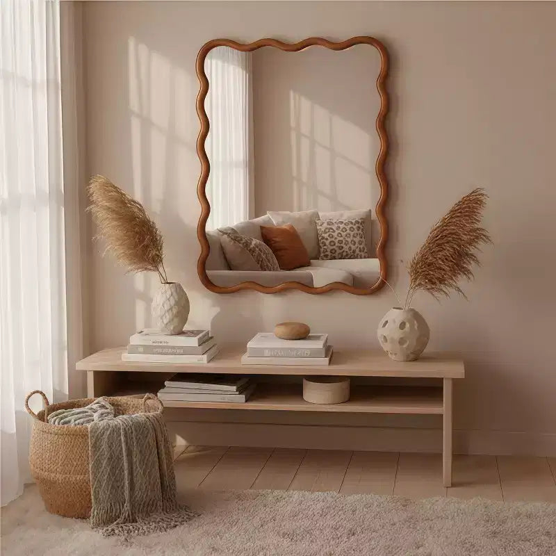 Miroir décoratif à cadre en bois massif rectangulaire ondulé pour chambre à coucher