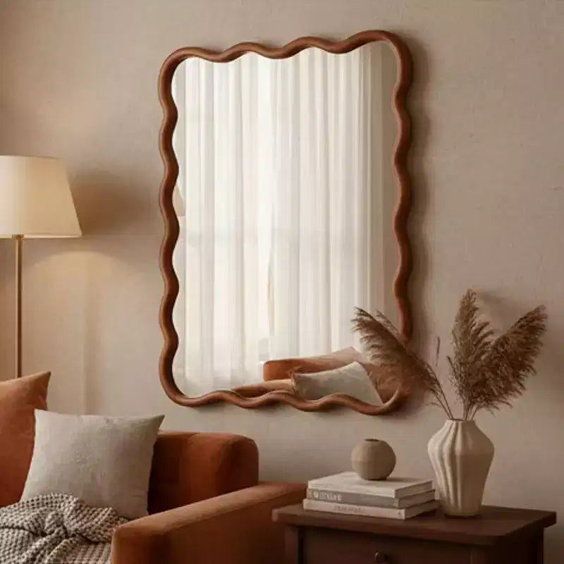 Miroir décoratif à cadre en bois massif rectangulaire ondulé pour chambre à coucher