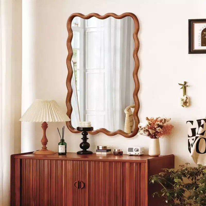 Miroir décoratif à cadre en bois massif rectangulaire ondulé pour chambre à coucher