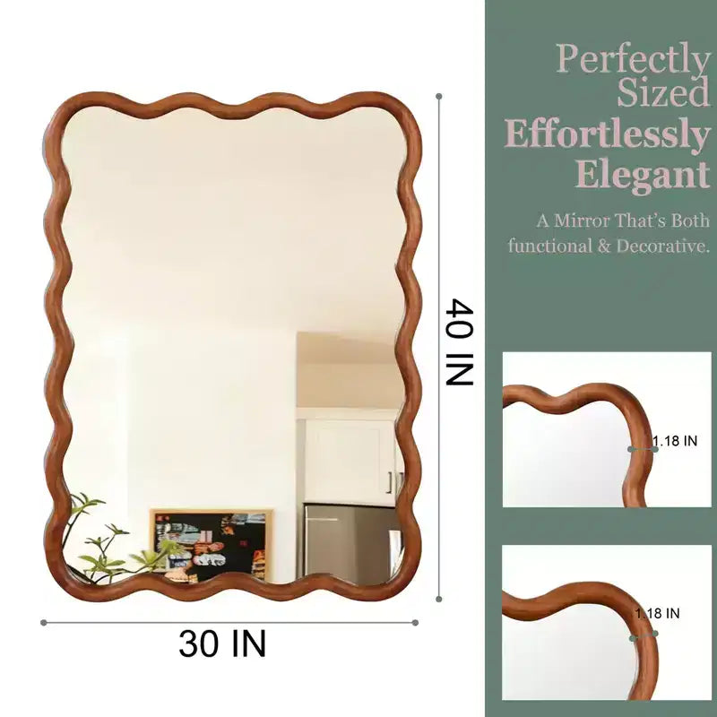 Miroir décoratif à cadre en bois massif rectangulaire ondulé pour chambre à coucher