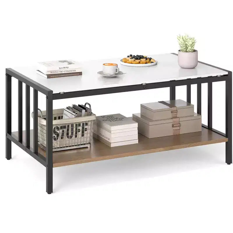 Table basse rectangulaire à 2 niveaux avec plateau en roche et étagère ouverte