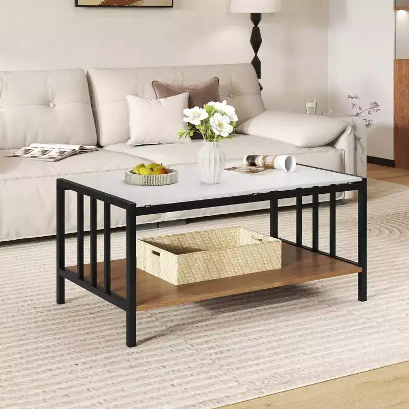 Table basse rectangulaire à 2 niveaux avec plateau en roche et étagère ouverte