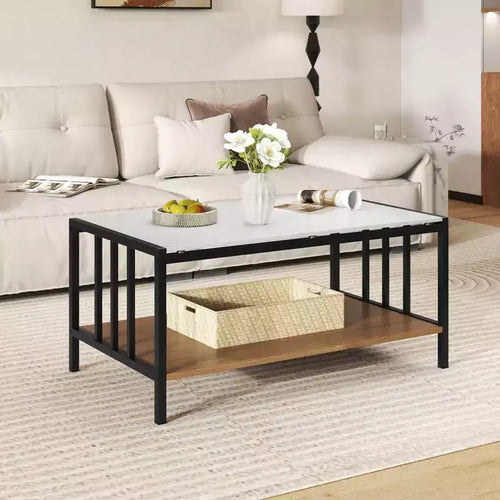 Table basse rectangulaire à 2 niveaux avec plateau en roche et étagère ouverte