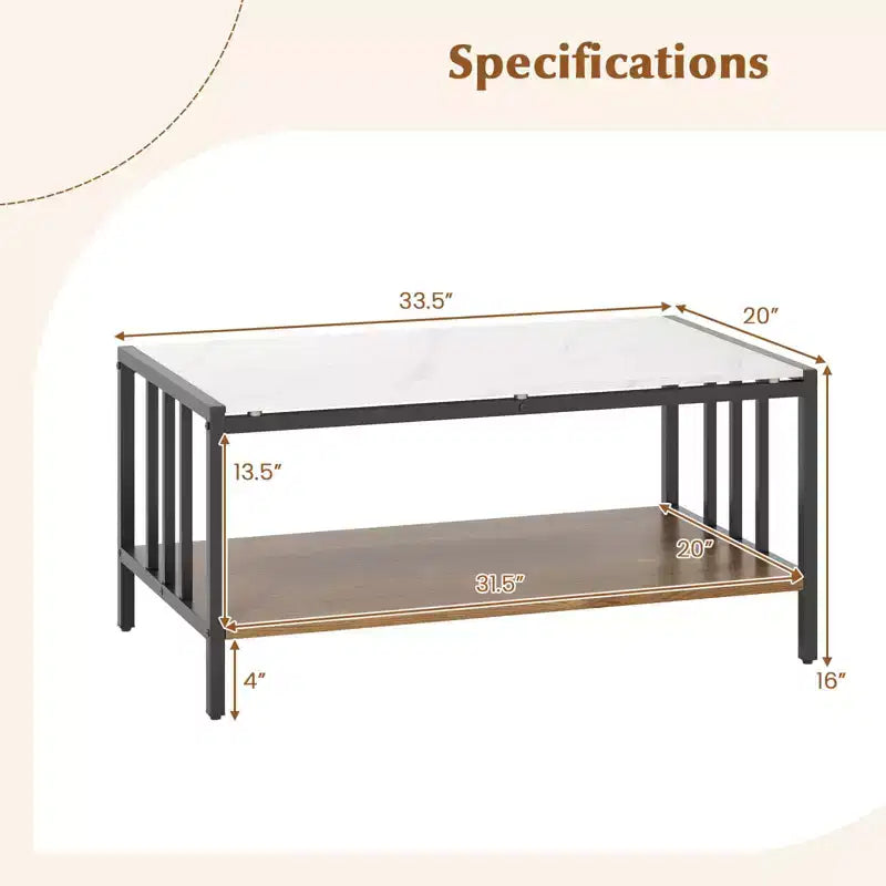 Table basse rectangulaire à 2 niveaux avec plateau en roche et étagère ouverte