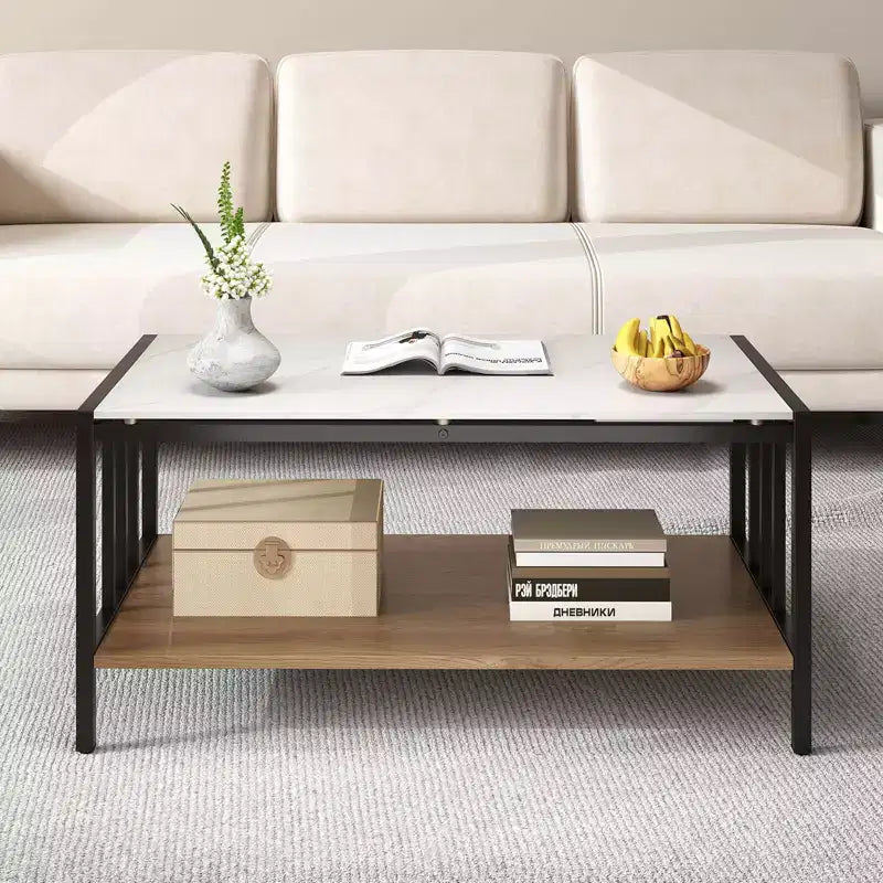 Table basse rectangulaire à 2 niveaux avec plateau en roche et étagère ouverte