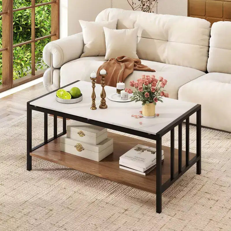 Table basse rectangulaire à 2 niveaux avec plateau en roche et étagère ouverte
