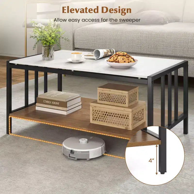 Table basse rectangulaire à 2 niveaux avec plateau en roche et étagère ouverte