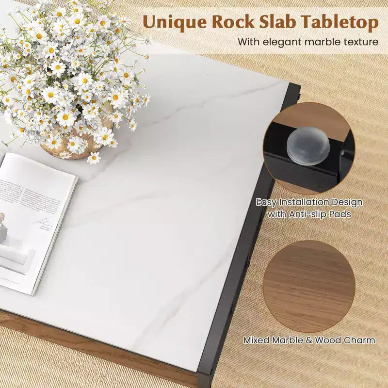 Table basse rectangulaire à 2 niveaux avec plateau en roche et étagère ouverte