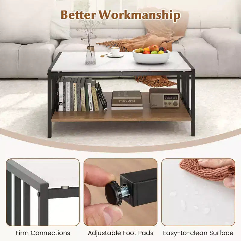 Table basse rectangulaire à 2 niveaux avec plateau en roche et étagère ouverte