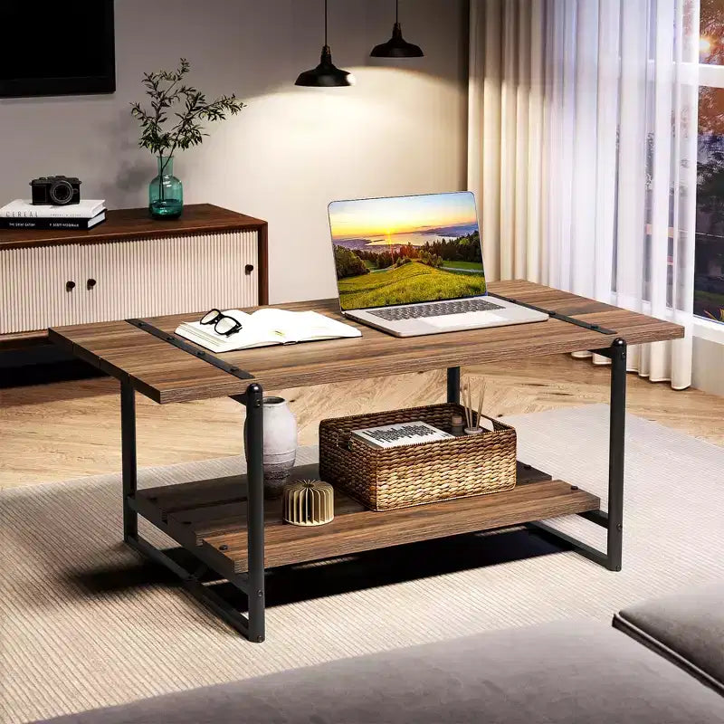 Table basse de ferme à double plateau avec étagères de rangement