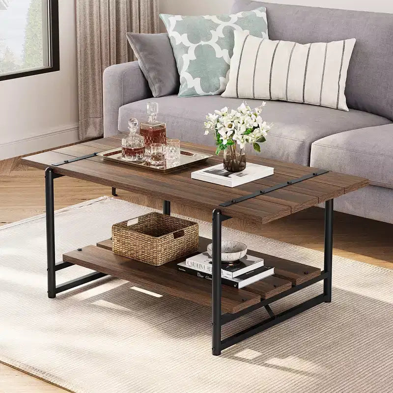 Table basse de ferme à double plateau avec étagères de rangement