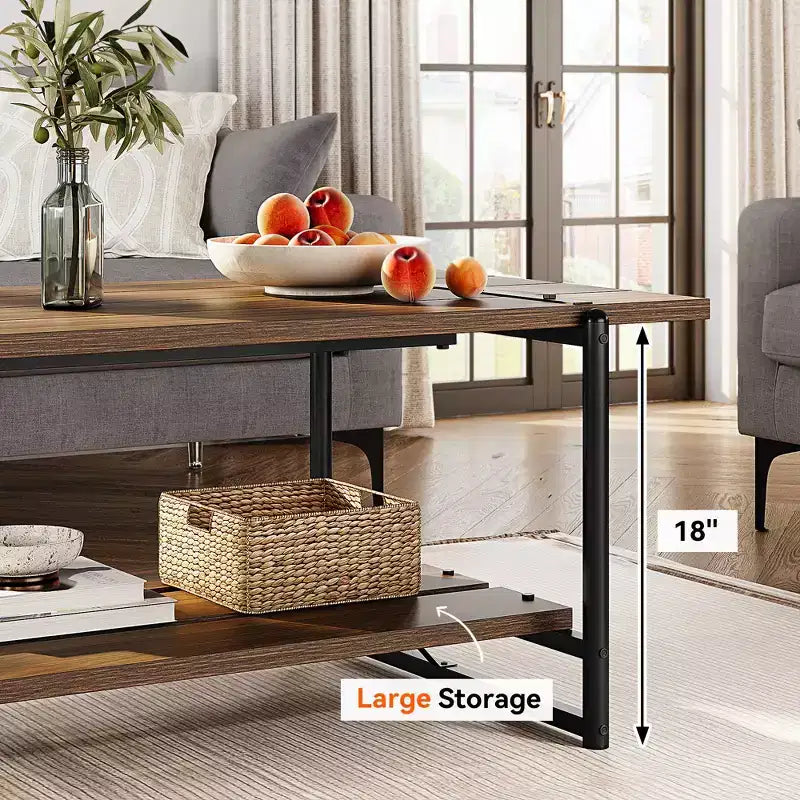 Table basse de ferme à double plateau avec étagères de rangement