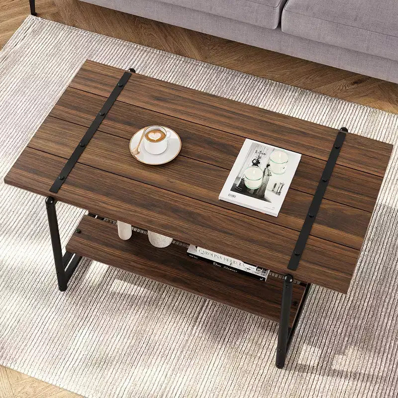 Table basse de ferme à double plateau avec étagères de rangement