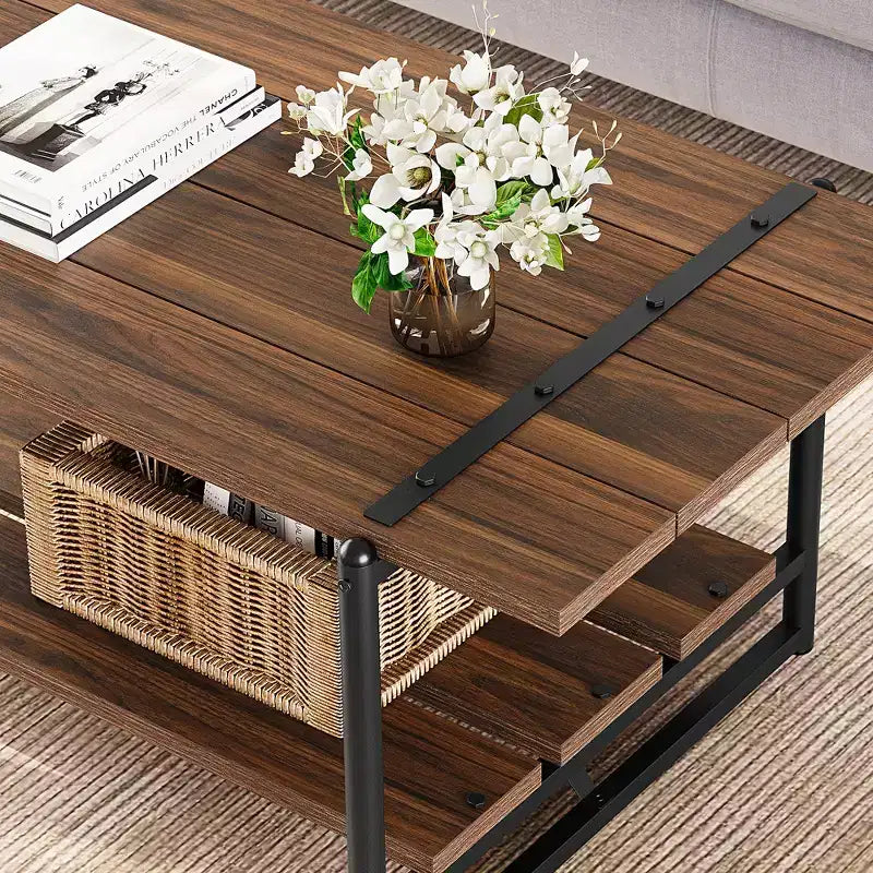 Table basse de ferme à double plateau avec étagères de rangement