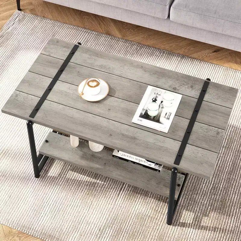 Table basse de ferme à double plateau avec étagères de rangement
