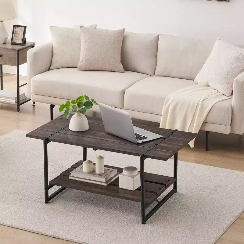 Table basse de ferme à double plateau avec étagères de rangement
