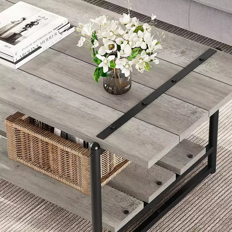 Table basse de ferme à double plateau avec étagères de rangement