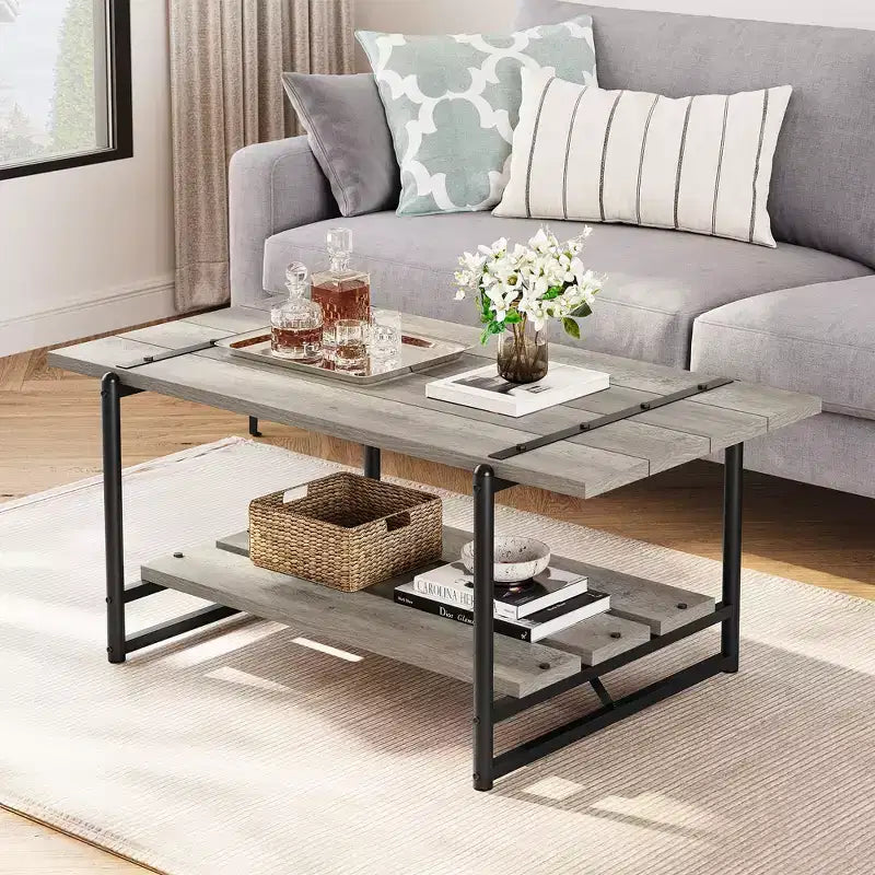 Table basse de ferme à double plateau avec étagères de rangement