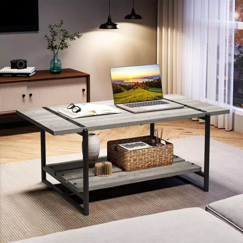 Table basse de ferme à double plateau avec étagères de rangement