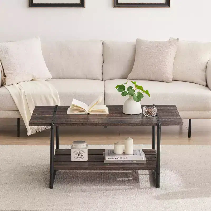 Table basse de ferme à double plateau avec étagères de rangement