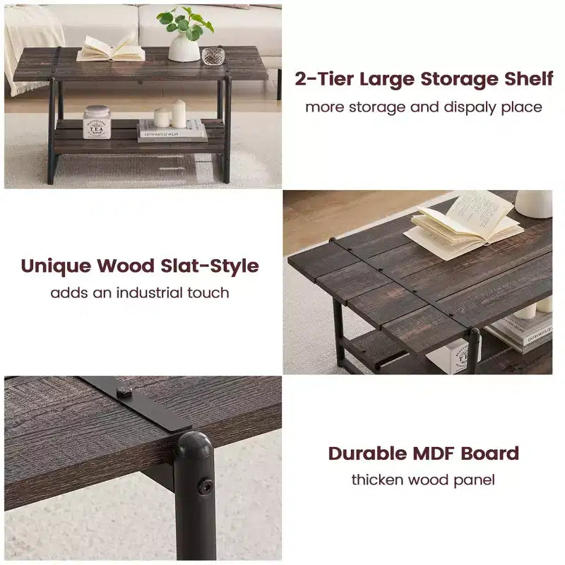 Table basse de ferme à double plateau avec étagères de rangement