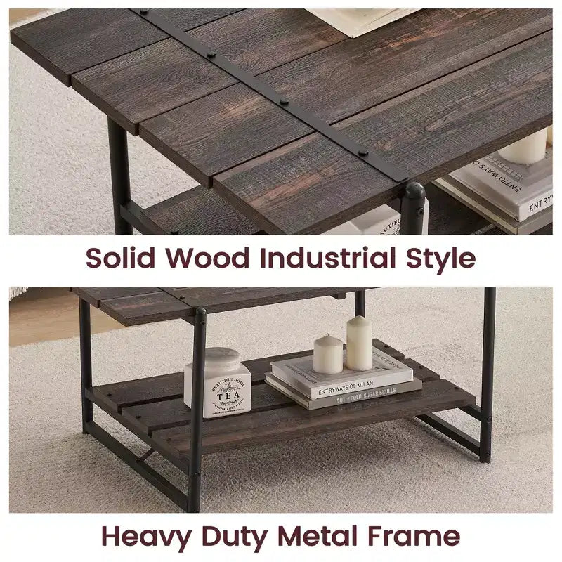Table basse de ferme à double plateau avec étagères de rangement