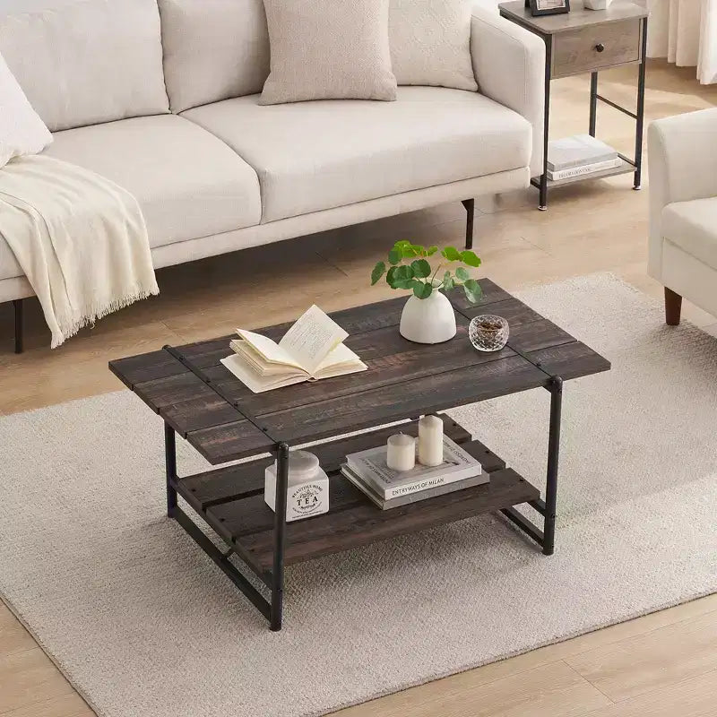 41 Inch Double Tiered Farmhouse Coffee Table with Storage Shelves, Modern Rustic Metal Rectangular Living Room Coffee Table, Decorative Furniture