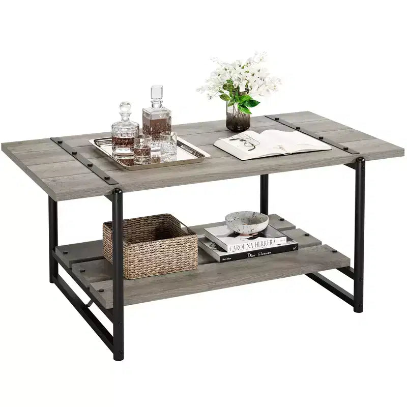 Table basse de ferme à double plateau avec étagères de rangement