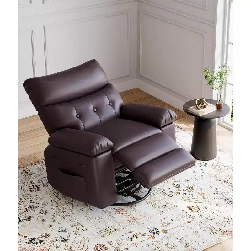 Acekool Oversized Swivel Rocker Recliner Chair, Wide PU Leather Manual Recliner with Plush Arm & Back, 360 Swivel for Living Room, Bedroom,Brown